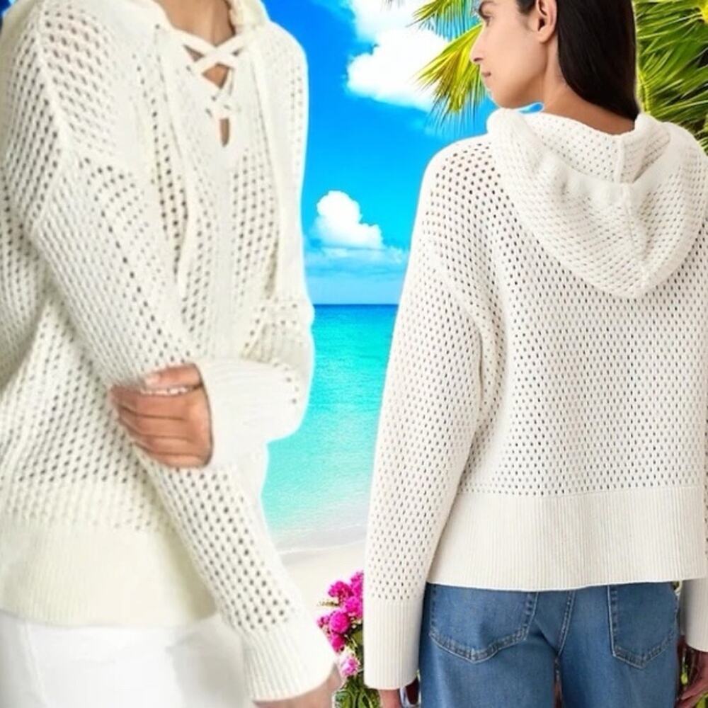 GAP Cream V-Neck Sweater hoodie Chunky Open Knit Relaxed Fit Cream Size XL